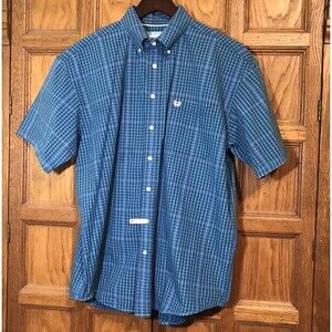 Panhandle Rough Stock Shirt Mens L Blue Plaid SS 100% Cotton Button Down Pocket